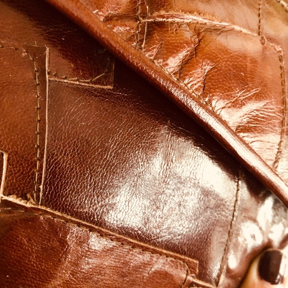 Vintage 1970’s brown leather patchwork Camila flower fold clutch handbag purse - Picture 2 of 6